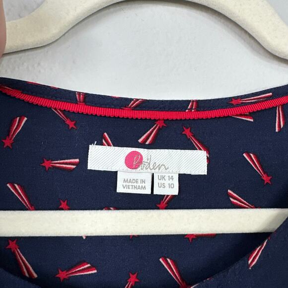BODEN Kara Shooting Stars Blouse Navy Red Smocked Sleeves Button Front Size 10 - Picture 5 of 8